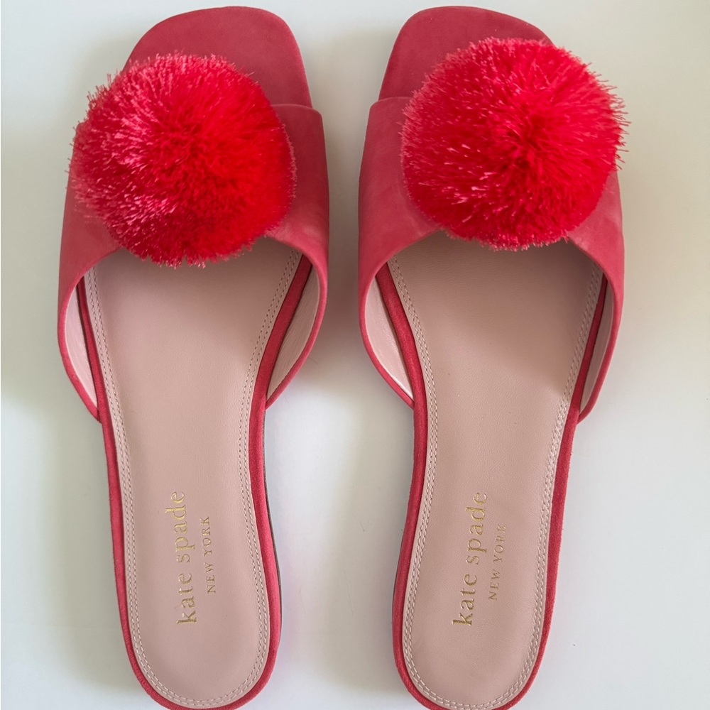 Kate Spade Red Pom-Pom Slide Sandals